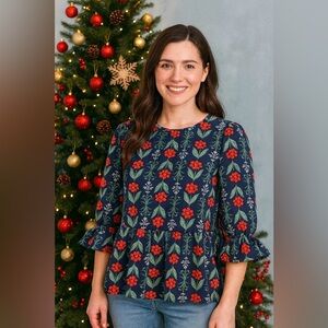 Mud Pie Navy Floral Peplum Blouse medium